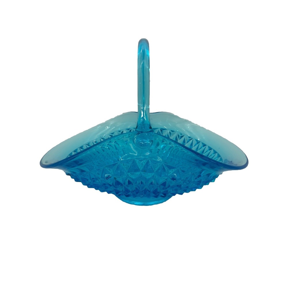 Vintage Large Indiana Glass Tiara Aqua Blue Diamond Point Glass Basket